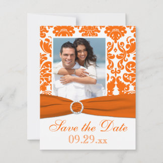 Save The Date IMPRIMÉE RIBBON Orange Damask Photo Enregistrer la