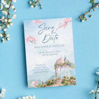 Save the date Indian wedding peacock dusty blue
