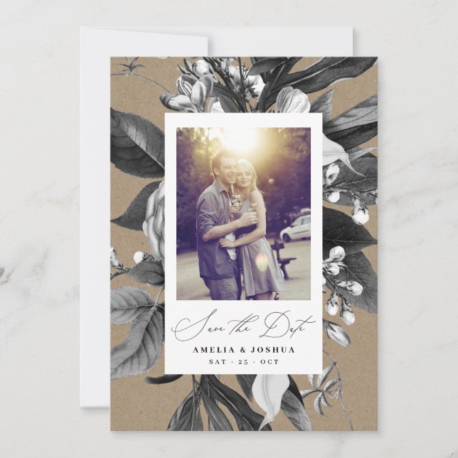 Save The Date Industrie Rustique Chic Floral Mariage Photo Kraft (Devant)