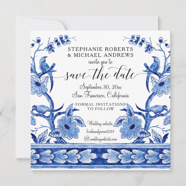 Save The Date Influence asiatique de la chinoiserie bleu marine  (Devant)
