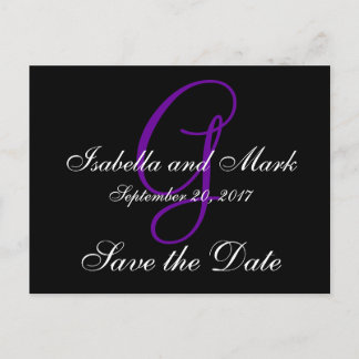 Save the Date, Initial, Monogram, Black, Purple Announcement Postcard