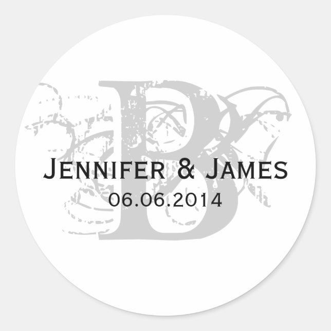 Save the Date Initial Name Wedding Sticker Grey (Front)