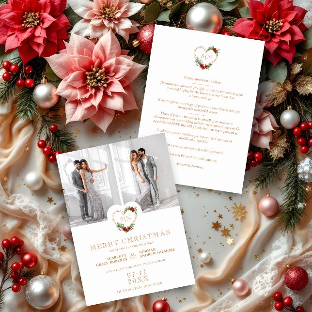 Save The Date Initiales de luxe Floral Christmas Heart 2 Photos (Luxury Initials Elegant Floral Christmas Heart 2 Photos Wedding Save the Date Holidays Cards.)