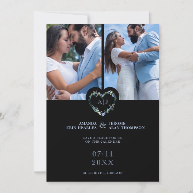 Save The Date Initials Floral Blue Heart 2 Photos on Black (Devant)