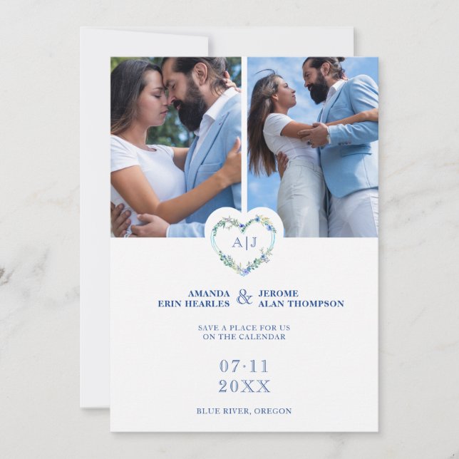 Save The Date Initials Floral Blue Heart 2 Photos on White (Devant)