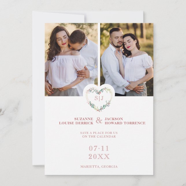 Save The Date Initials Floral Pink Heart 2 Photos on White (Devant)