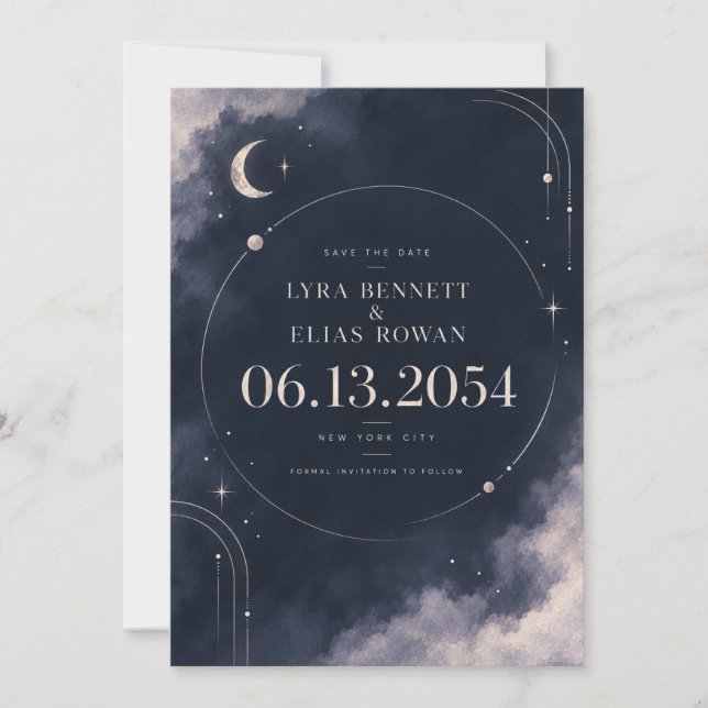 Save the Date Invitation | Celestial Moonlit Silve (Front)