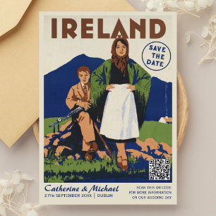 Save The Date Irlande Vintage Wedding Travel Poster QR Code