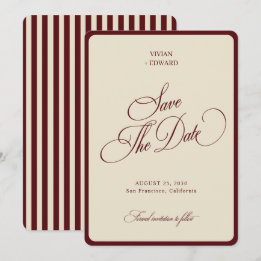 Save The Date Ivory & Burgundy Rayures Bordure Mariage Rétro