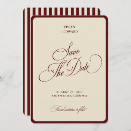 Save The Date Ivory & Burgundy Stripes Border Retro Wedding