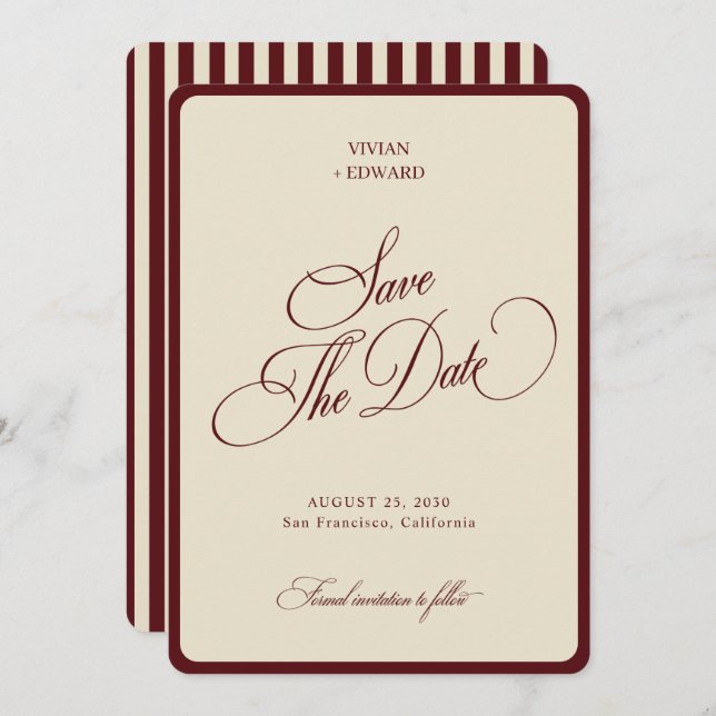 Save The Date Ivory & Burgundy Stripes Border Retro Wedding (Devant / Derrière)