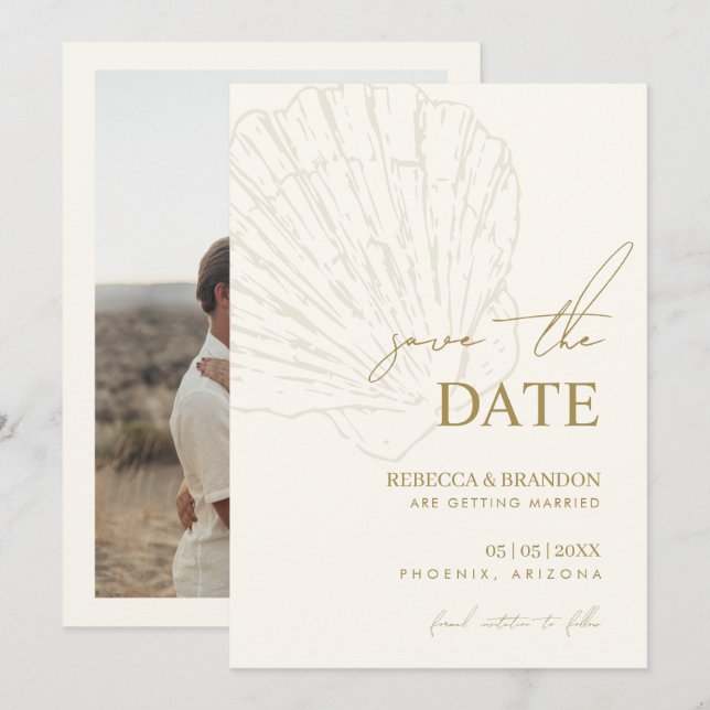 Save The Date Ivory & Gold Hand Drawn Coastal Seashell Wedding (Devant / Derrière)