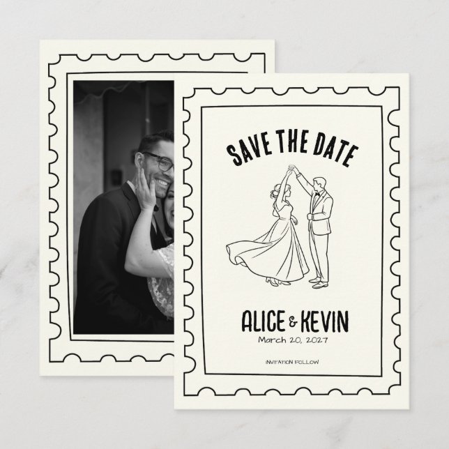 Save The Date Ivory Hand Drawn Illustration Wedding Minimalist   (Devant / Derrière)