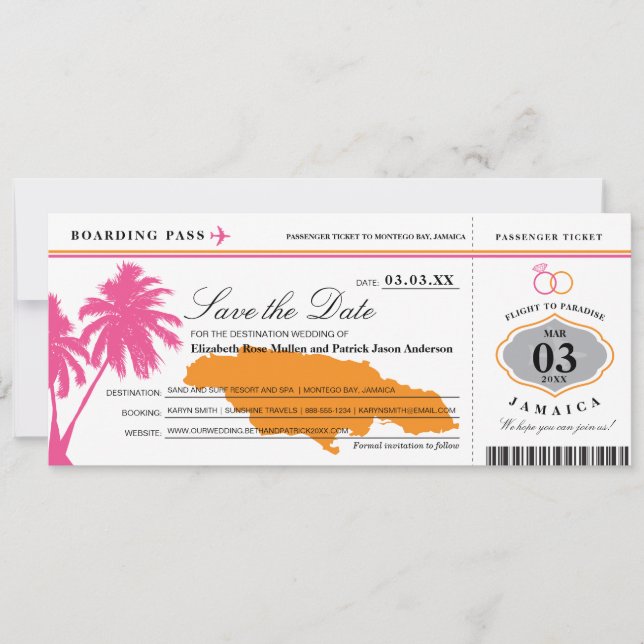 Save The Date Jamaica Boarding Pass Pink & Orange Enregistrer la (Devant)