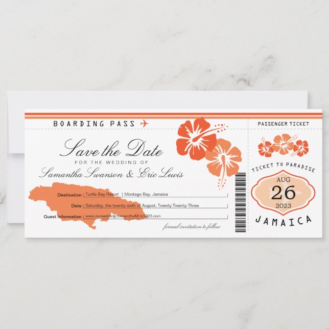 Save The Date Jamaïque Boarding Pass Wedding Enregistrer la date (Devant)