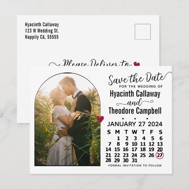 Save the Date January 2024 Calendar Arched Photo Invitation Postcard (Front/Back)