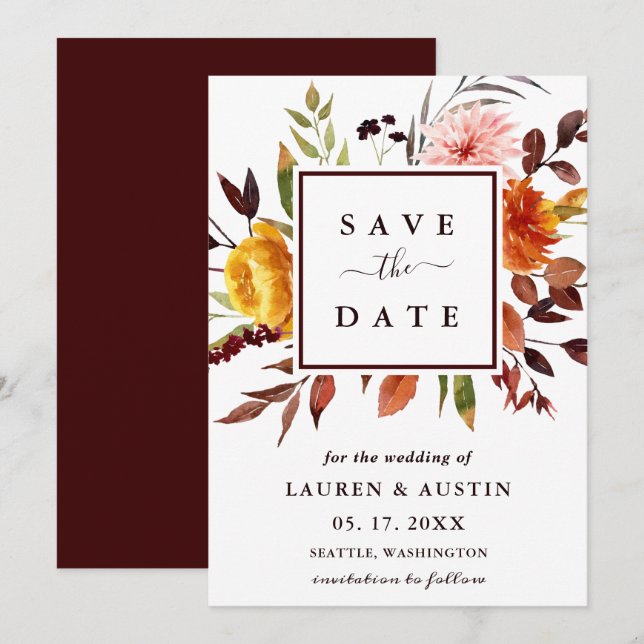 Save The Date Jardin d'automne Aquarelle Mariage floral (Devant / Derrière)