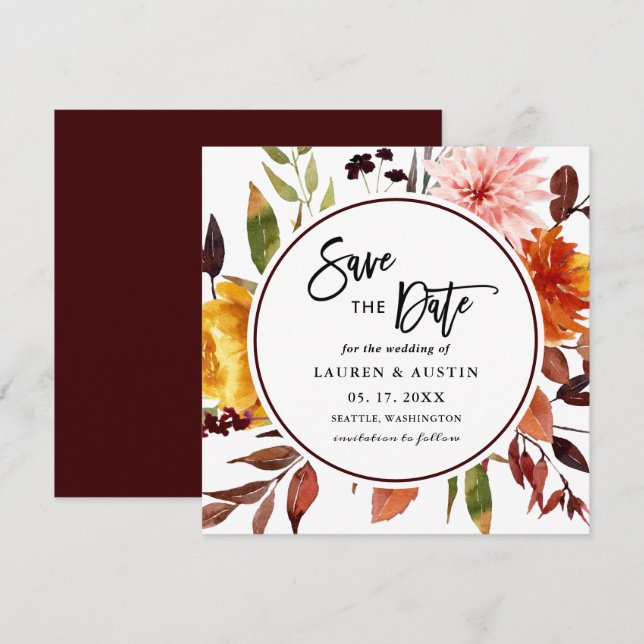 Save The Date Jardin d'automne Mariage Carré d'aquarelle Enregis (Devant / Derrière)