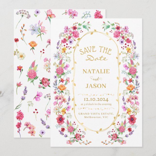 Save The Date Jardin de mariage printanier de prairie de fleurs  (Devant / Derrière)
