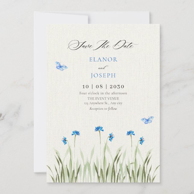 Save The Date Jardin floral aquarelle bleu  (Devant)