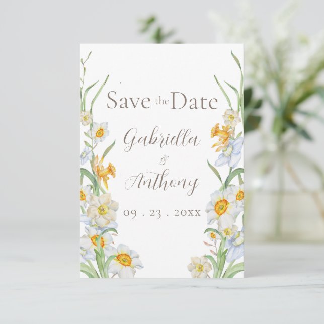 Save The Date Jaune blanche et jaune Brown florale Script (Debout devant)