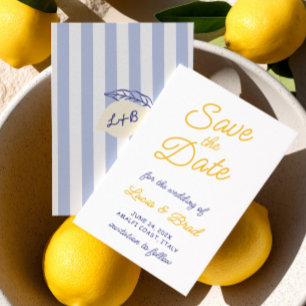 Save The Date Jaune Citron Italien et Rayures Bleues