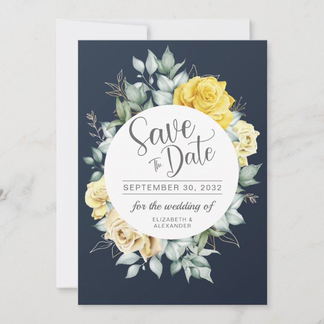 Save The Date Jaune fleurie classe verdure bleu marine mariage (Devant)
