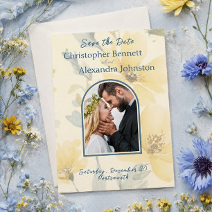 Save The Date Jaune Pâle Bleu Clair Aquarelle Florale Mariage