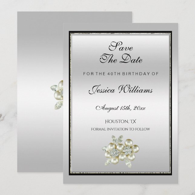 Save The Date Jeu floral romantique, Argent et Noir Anniversaire (Devant / Derrière)