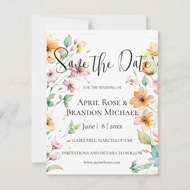 Save The Date Joli Fleurs sauvages d'aquarelle rose orange (Devant)