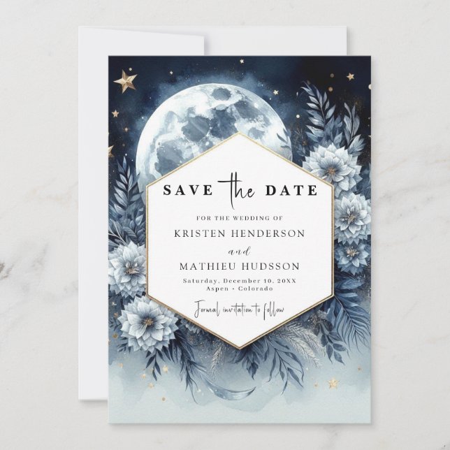 Save The Date Joli Mariage botanique à la Lune (Devant)
