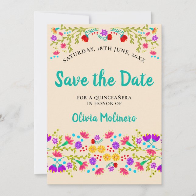 Save The Date Jolie Fête mexicaine Champagne Florale et Vert (Devant)