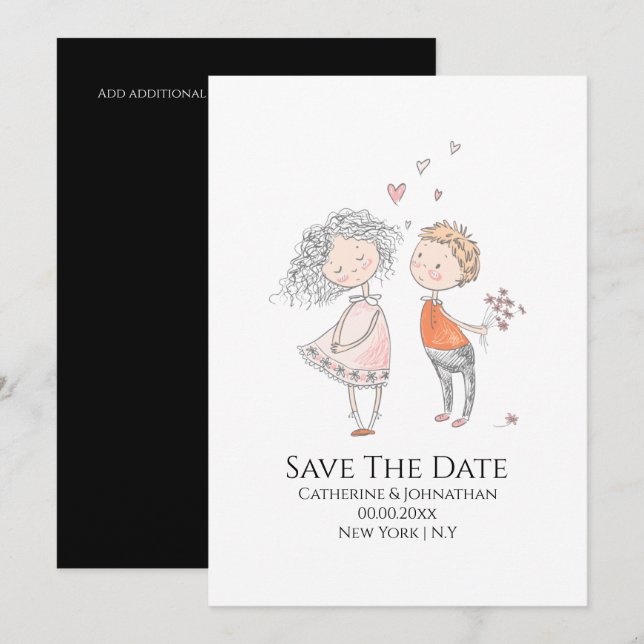 Save The Date Jolie fille garçon dessin amoureux plaisir décontr (Devant / Derrière)