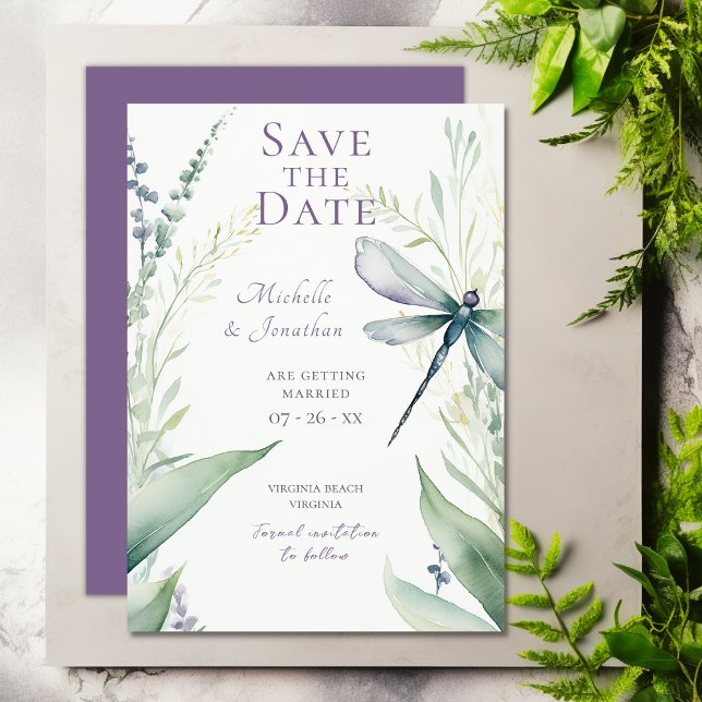 Save The Date Jolie libellule d'aquarelle et Mariage de verdure (Pretty Watercolor Dragonfly and Greenery Wedding Save The Date)