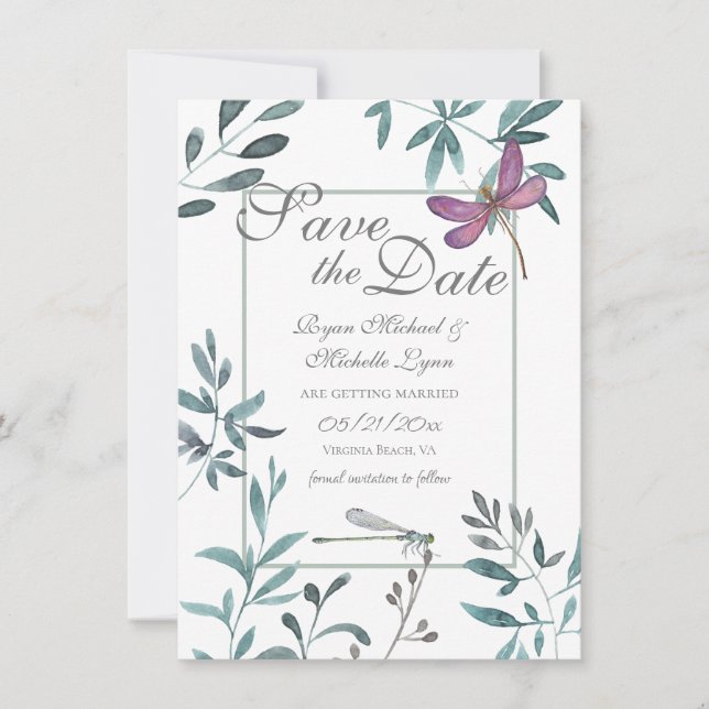 Save The Date Jolie libellule Jardin de verdure sur Mariage blan (Devant)