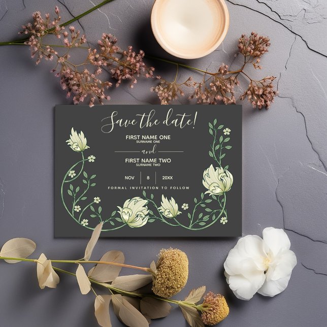 Save The Date Jolies fleurs Art nouveau sauver la date sombre (Pretty art nouveau save the date, cream flowers and green vines on a dark background.)