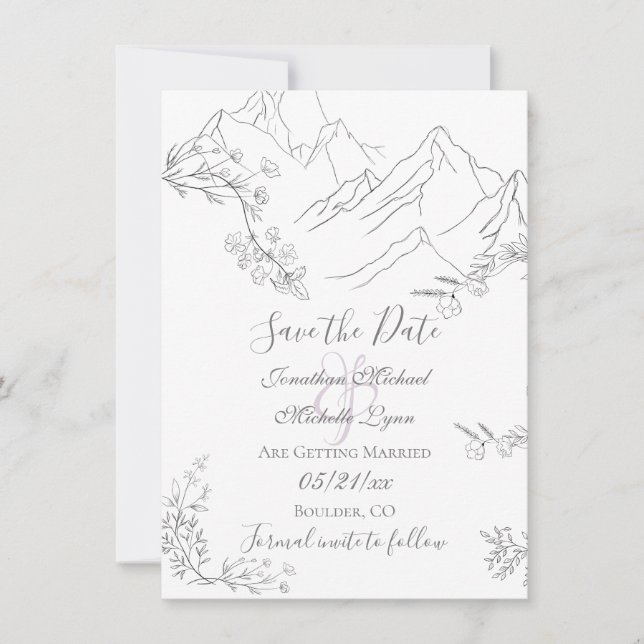 Save The Date Jolies montagnes, fleurs et branches Mariage (Devant)