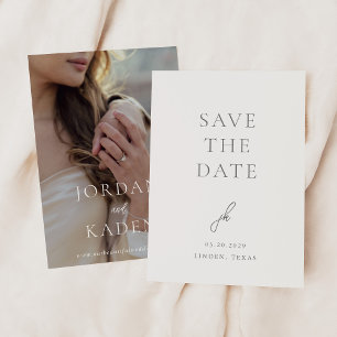 Save The Date Jordan Gris Script Monogramme Élégant mariage
