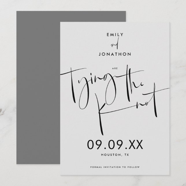 Save The Date Jouer le noeud Elegant Script Black Grey (Devant / Derrière)