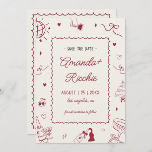 Save The Date Jouer Retro Main tiré Whimsical Doodle Mariage