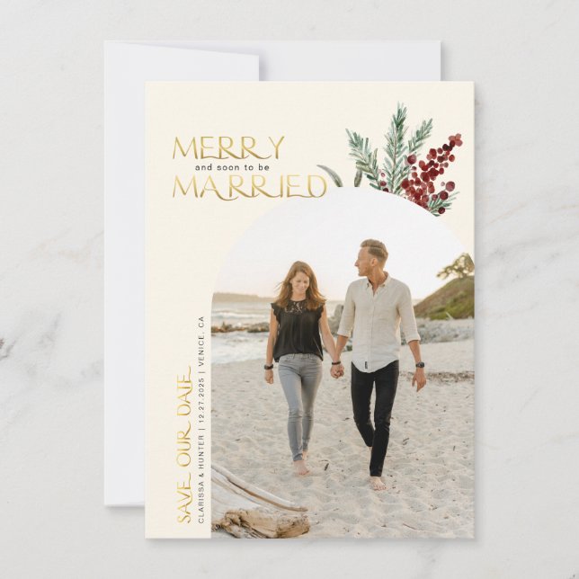 Save The Date Joyeux Et Bientôt Ecru Couleur Marié Noël (Devant)