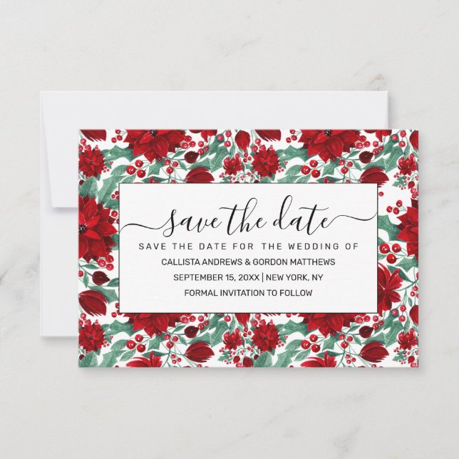 Save The Date Joyeux rouge Poinsettia Fleurs Feuilles ivoire Aqu (Devant)