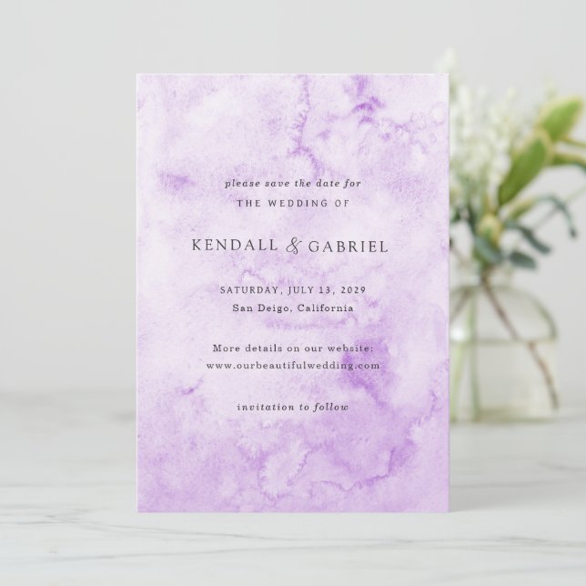 Save The Date Kendall Purple Aquarelle Mariage élégant (Debout devant)