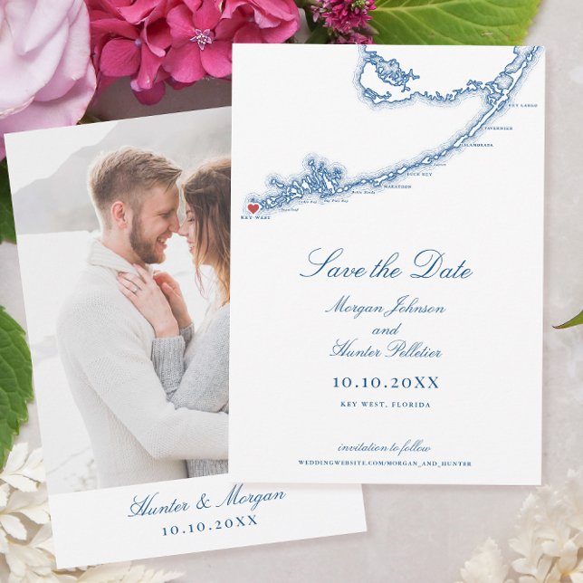 Save The Date Key West FL Map Élégant Mariage bleu marine (Key West FL Map Wedding Save the Date for an elegant navy blue destination wedding )