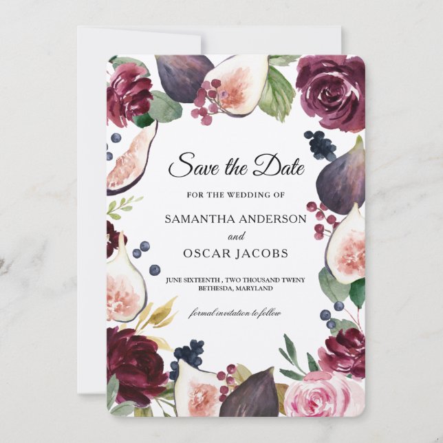 Save The Date Kraft Moody & Rustic Burgundy Figs & Fleurs Cadre (Devant)
