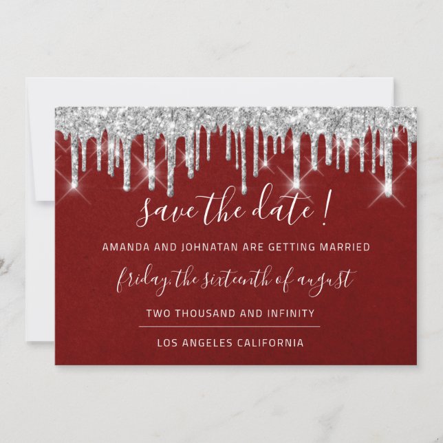 Save The Date Kraft Silver Grey Drip Red Wine (Front)