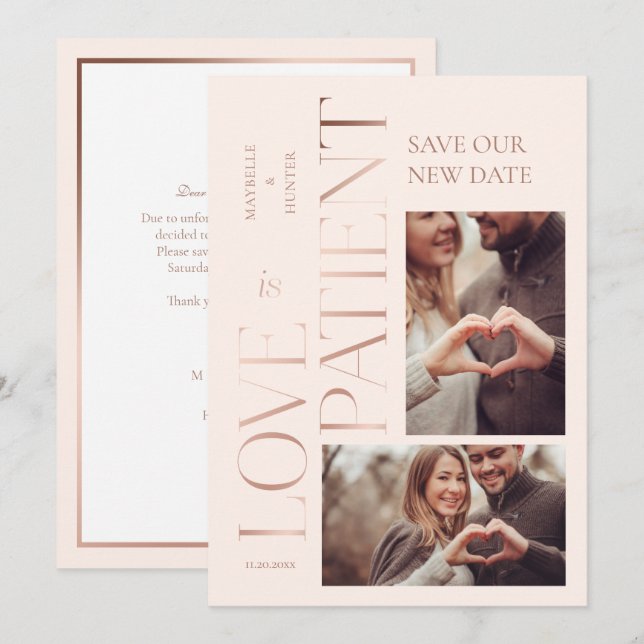 Save The Date L'amour minimal moderne est Patient Rose Gold Phot (Devant / Derrière)
