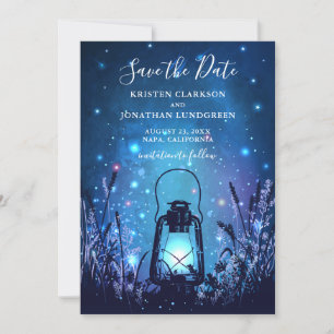 Save The Date Lanterne lunaire et lucioles bleu Enregistrer la d