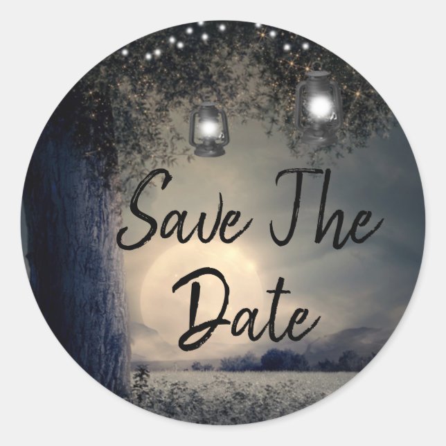 Save the Date Lanterns in Tree Full  Wedding Classic Round Sticker (Front)