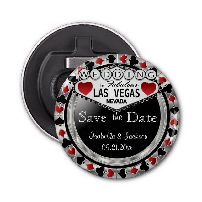 Save the Date Las Vegas Style - Silver & Red Bottle Opener (Front)